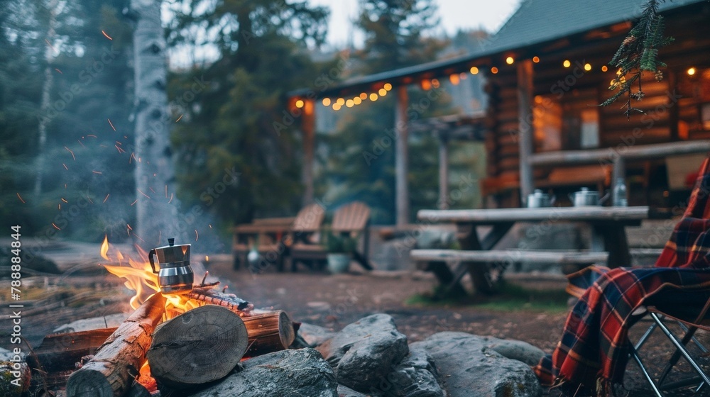 Relax in a comfy cabin complete with coffee maker over the fire.