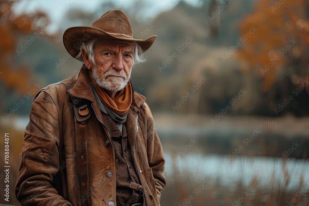 An elderly male cowboy in genuine leather clothes.