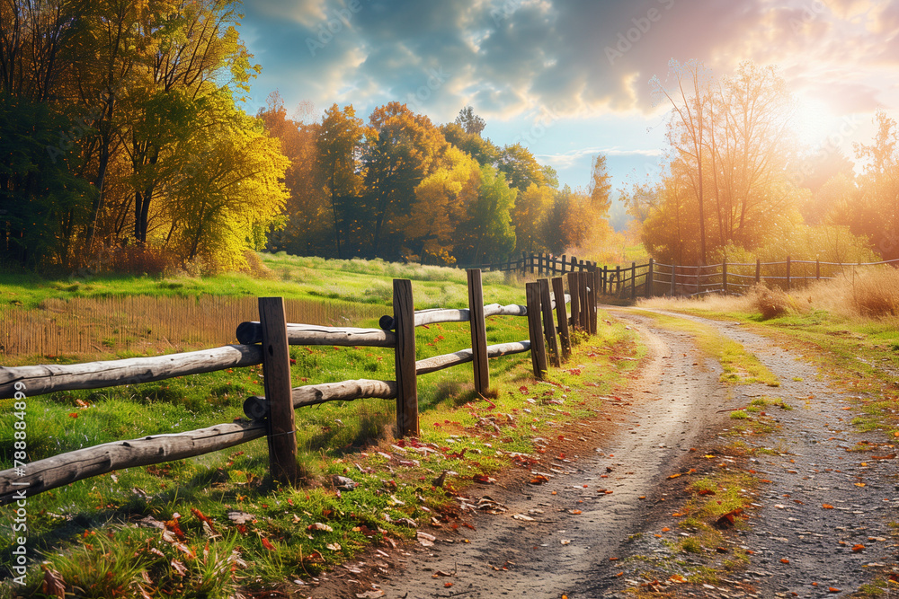 Obraz premium Rustic Autumn Farm Scene with Winding Dirt Road