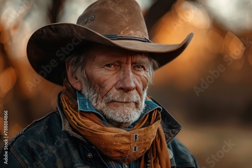 A cowboy man with a brown scarf around his neck. © kvladimirv
