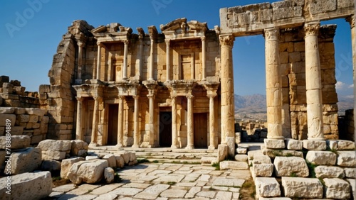 Ancient Roman arch ruins against mountains