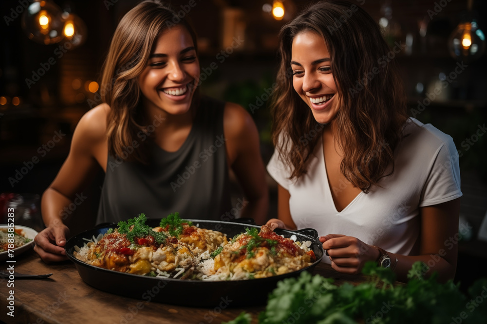 Two beautiful girls with happy expressions sharing a big plate of food Two beautiful girls with happy expressions sharing a big plate of food