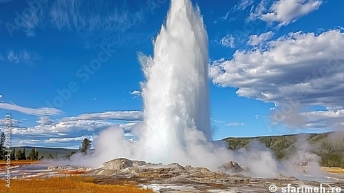 Geysers shoot hot water and steam into the air with great force. The geyser park, aesthetic landscape. Generative AI photo