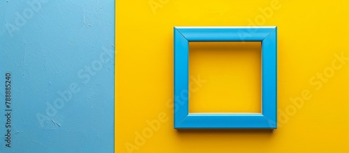 A simple blue and yellow frame is displayed on a wall with a coordinating blue and yellow background, creating a harmonious color scheme photo