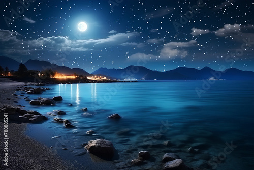 Romantic and beautiful panorama with full moon on the beach until evening