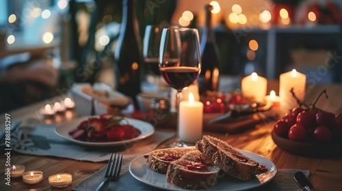 Cozy date night at home with candles  wine and homemade food with your loved one in a romantic setting.