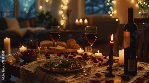 Cozy date night at home with candles, wine and homemade food with your loved one in a romantic setting. photo