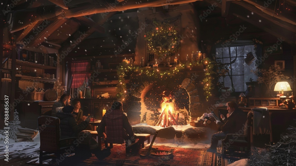 A cozy fireplace scene with friends gathered around the fire. Share stories On a cold evening A cozy fireplace scene with friends gathered around the fire. Share stories On a cold evening