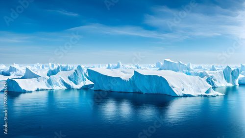 Icelandic seaside scenery, glaciers and icebergs, reflecting sunlight on the sea surface, magnificent Arctic scenery