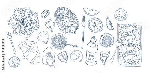 Oysters and oysters on the half shell dishes with lemon wedges, on ice. Hand drawn vector illustration. Top view. Restaurant food menu. Doodle sketch style.