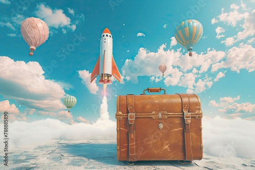 3d rendering of brown travel case in blue sky with hot air balloons and space rocket in distance Traveling on vacation Active free time Going on adventure #788885890