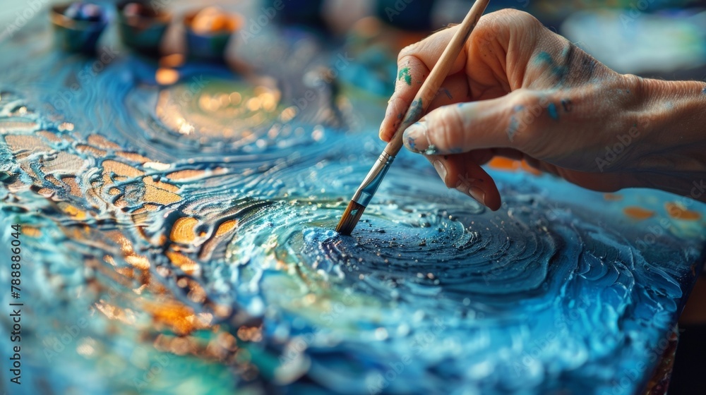 Closeup of an adults hand delicately tracing intricate patterns with a thin paintbrush channeling their energy and emotions onto a canvas and finding solace and release in the process . Closeup of an adults hand delicately tracing intricate patterns with a thin paintbrush channeling their energy and emotions onto a canvas and finding solace and release in the process .