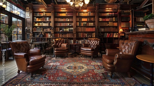 Vintage coffee shop with leather chairs  Persian rugs and shelves lined with old books.