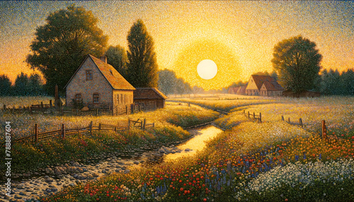 sunset in the countryside pointillism style of painting