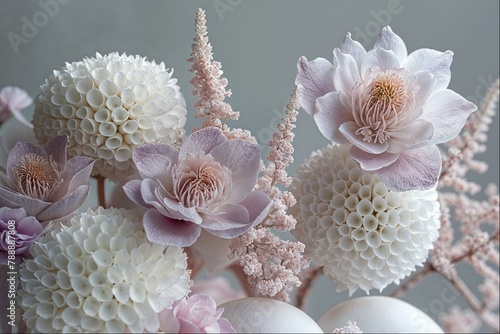 A closeup of an elegant floral arrangement featuring pale pink and white flowers on grey background. The flowers have intricate petal textures and delicate petals that create a dreamy atmosphere.