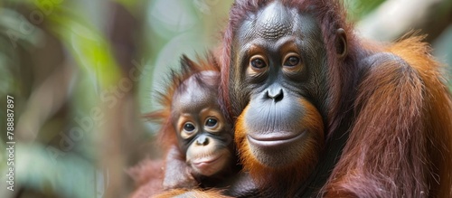 Tiny orangutan baby tightly grips onto its protective mother's fur in their natural habitat