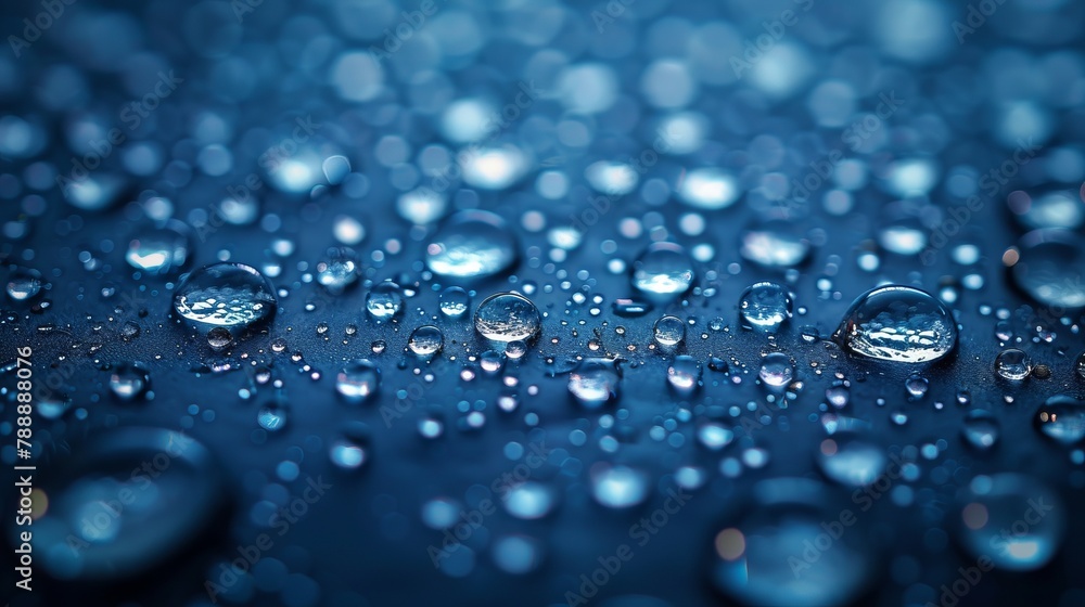 Water drops laying on blue surface background.