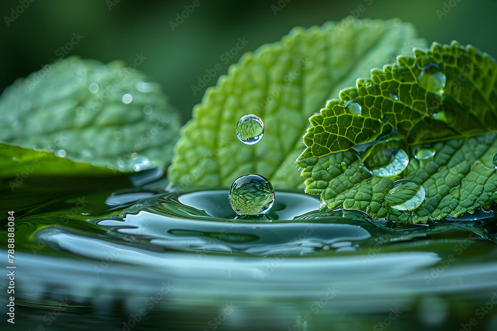 Close-up shot of water droplet, clinging to a leaf's edge, surface tension Close-up shot of water droplet, clinging to a leaf's edge, surface tension