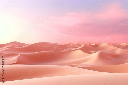 Gentle peach sand dunes bask in the soft glow of a pastel sunrise, presenting a tranquil and surreal desert vista that's ideal for meditation visuals and atmospheric graphic design.