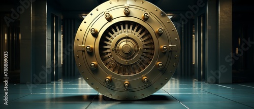 Minimalist 3D depiction of a closed bank vault, financial crisis visualization,