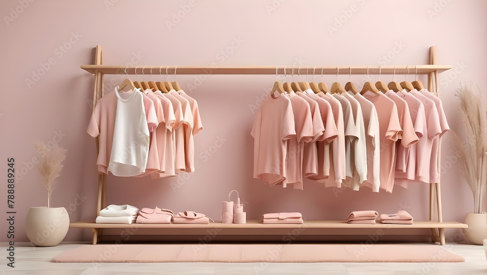 Clothing on a shelf and rack against a beige and white backdrop.Pastel pink T-shirts hanging on a rack. Concept for a store, bedroom, and 3D rendering