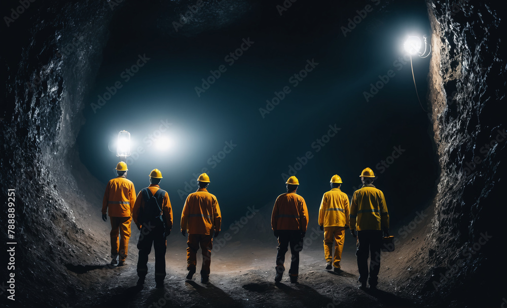 Fototapeta premium group of mine workers, backview, photo, vignette, dark mine, entering