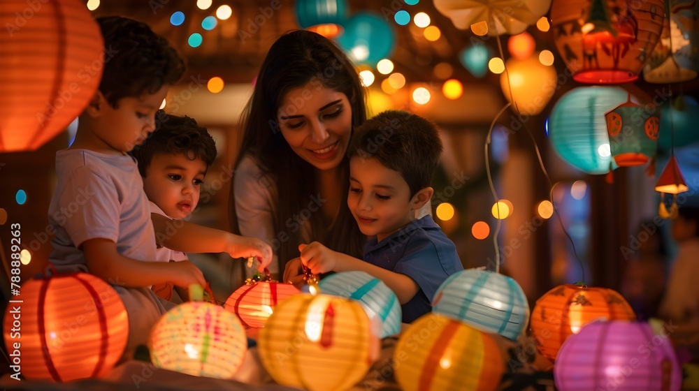 Family Preparing for Eid al Adha with Decorative Lights and Cheerful Expressions