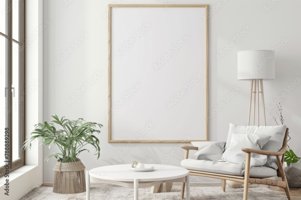 Scandinavian style living room with poster mockup created with generative ai Scandinavian style living room with poster mockup created with generative ai