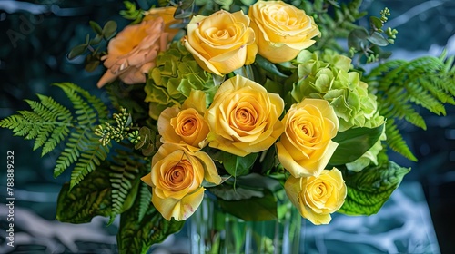 A stunning arrangement of vibrant yellow roses paired with luscious green fillers