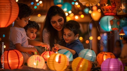 Family Preparing for Eid al Adha with Decorative Lights and Cheerful Expressions