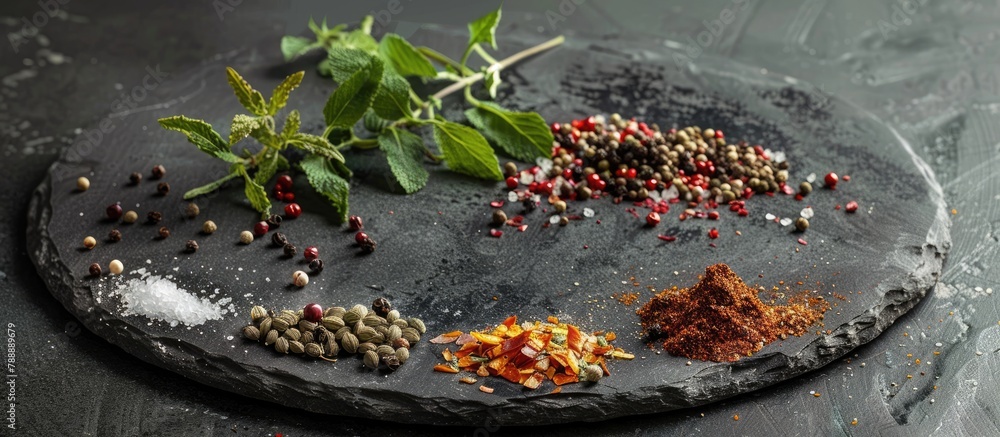 Different kinds of herbs and spices displayed on a dark stone plate. Different kinds of herbs and spices displayed on a dark stone plate.