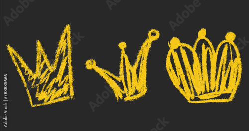 Kids chalk drawings crown set. Collection freehand baby drawn elements. Childish crowns with pencil texture. Hand drawing scribble. Vector illustration isolated on black background