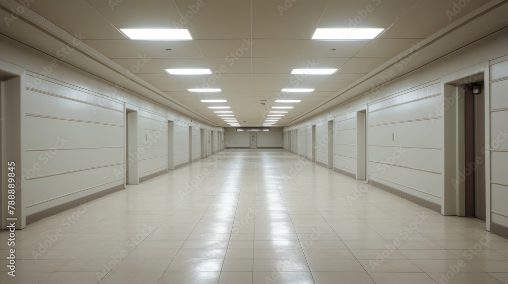 Minimalist 3D representation of an empty corporate hallway, financial abandonment,