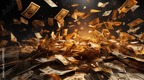 Minimalist 3D image of scattered currency and financial papers in a storm, chaotic economy,