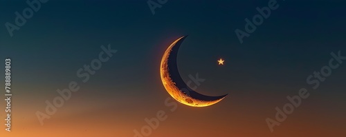 Crescent Moon and Star Symbolizing the Islamic Faith for Eid al Adha with Minimalist Design and Gradient Lighting