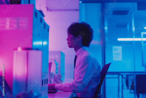 夜のオフィスで残業して働くビジネスマン「AI生成画像」 photo