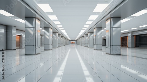 Minimalist 3D representation of an empty corporate hallway  financial abandonment 