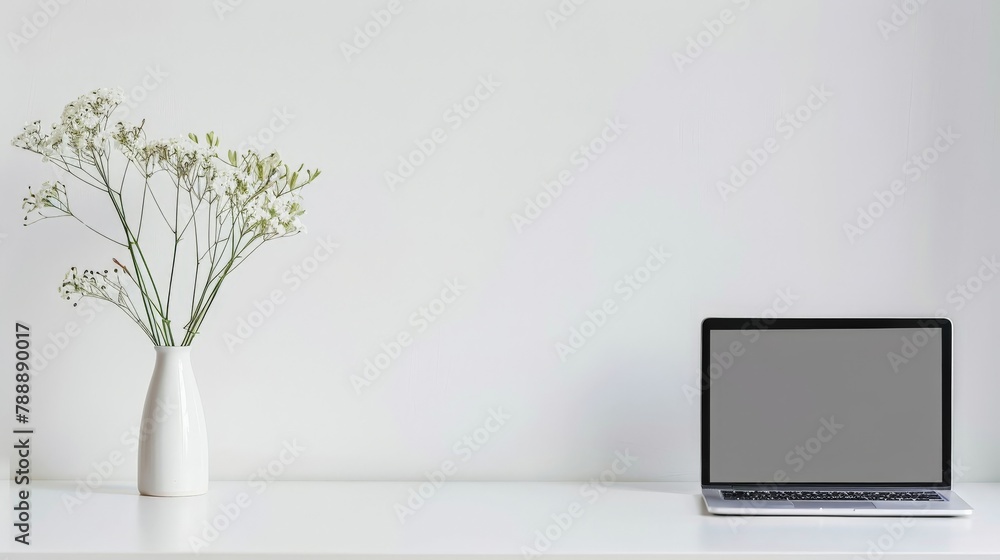 A minimalist workspace with a sleek, unadorned desk, a laptop, and a single vase holding a delicate flower, embodying clarity and focus. A minimalist workspace with a sleek, unadorned desk, a laptop, and a single vase holding a delicate flower, embodying clarity and focus.