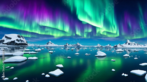 Aurora on Arctic glaciers, glaciers on the sea surface, scientific phenomena © Echotime