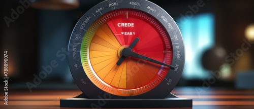 Realistic 3D credit score gauge showing critical condition, minimalist style, photo