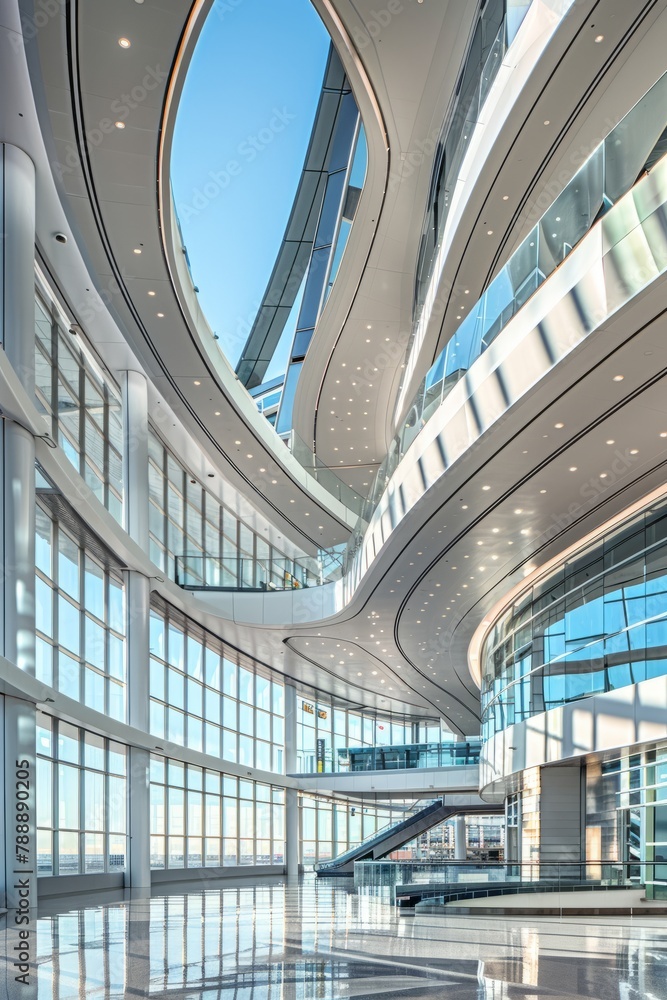 An innovative airport terminal showcasing modern architecture with sweeping curves, expansive glass walls, and efficient passenger flow, Generative AI