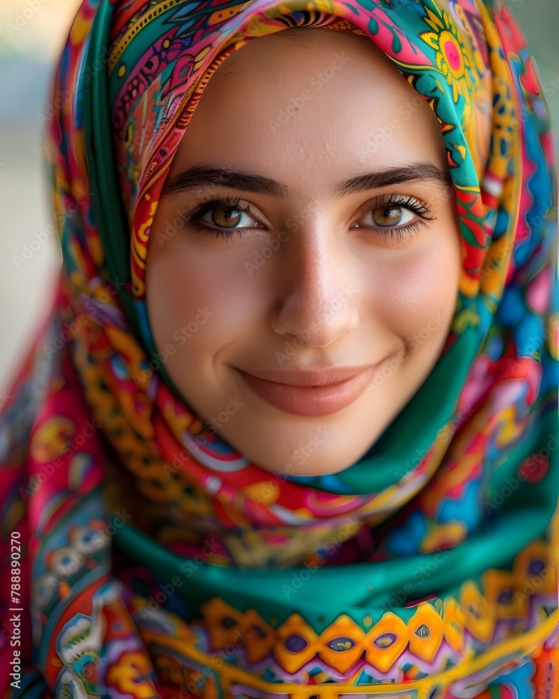 Vibrant Portrait of a Confident and Serene Muslim Woman in Colorful Hijab