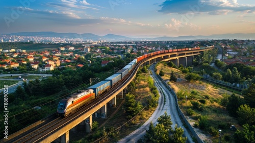A panoramic view of a modern freight train winding through a landscape, bridging cities and countries with its valuable cargo.