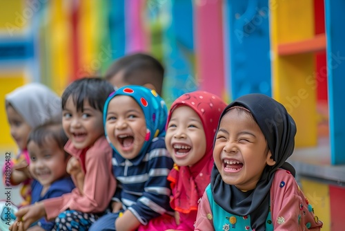 Joyful Muslim Children Laughing and Playing in Vibrant Community Center Showcasing Diversity and Childhood Spirit