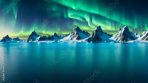 Aurora on Arctic glaciers, glaciers on the sea surface, scientific phenomena