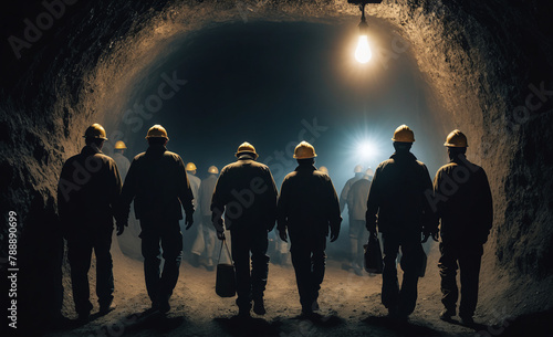 group of mine workers, backview, photo, vignette, dark mine, entering © rodrigo