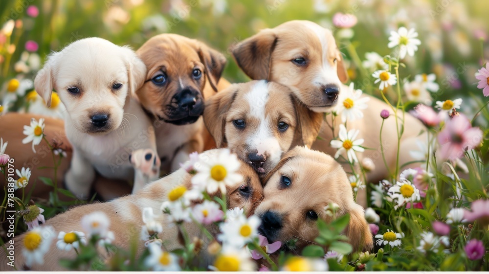 Energetic Puppies Frolicking in Blooming Flower Field