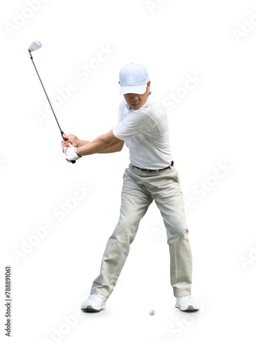 Front view of Golfer iron club down swing before hitting golf ball isolated on white background.