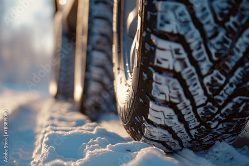 A detailed shot of car wheels with tire treads in a snowy landscape highlights winter drive safety and car service concepts.