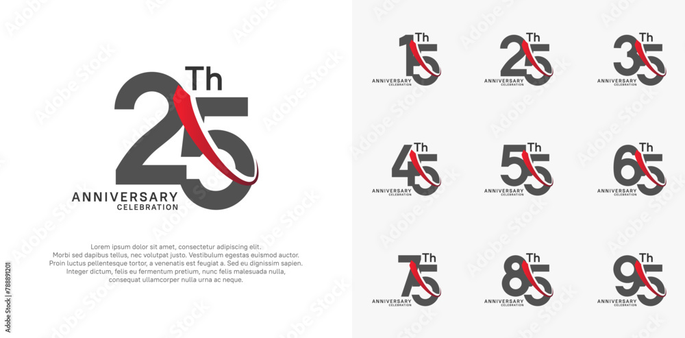 anniversary vector set. black color with red swoosh can be use for celebration